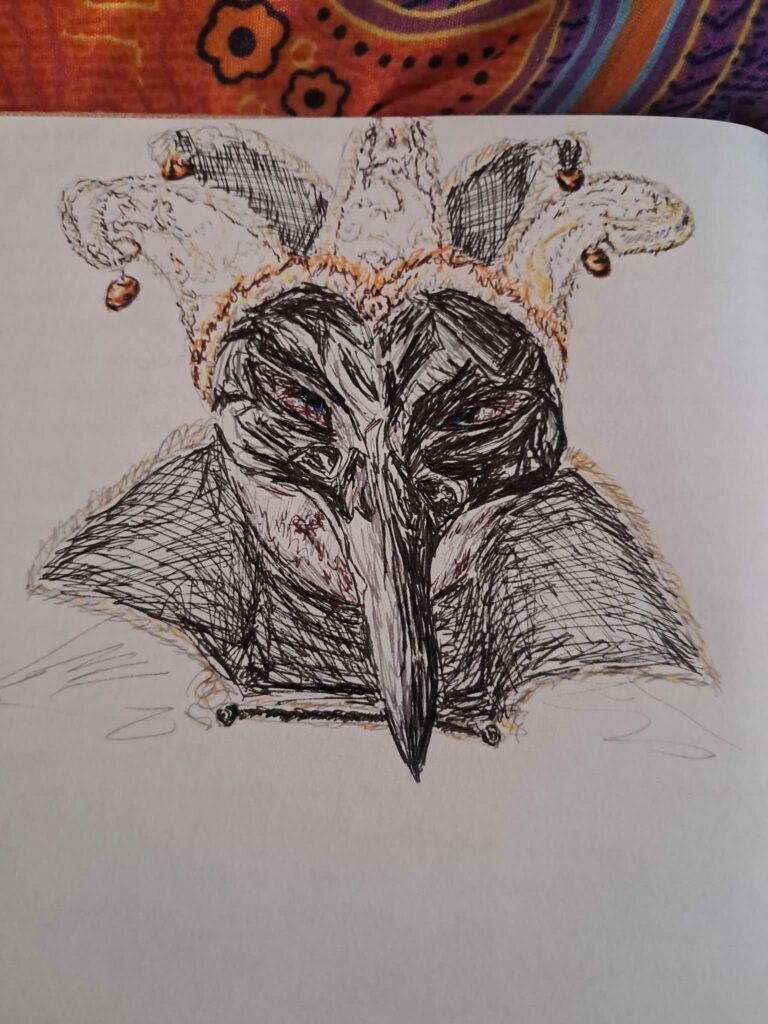 A harlequin drawing by de, with pens.